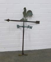 Verdigris metal cockerel weathervane, 60 x 78cm.