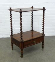 Rosewood etagere with barley twist supports, single drawer to the base, 55 x 81 x 39cm.