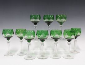 Set of ten Bohemian style green glass wine glasses (10) 18cm.