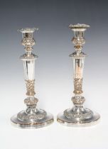 A pair of silver plate on copper candlesticks with detachable sconces, 27cm (2)