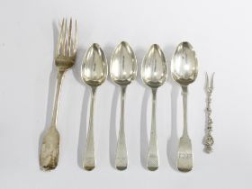 A victorian silver dessert fork, John Stone, Exeter 1844, four silver teaspoons with various