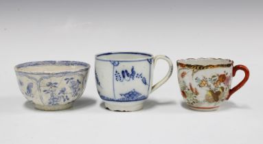 18th century blue and white coffee cup, a blue and white teabowl with a pattern of chickens, and a