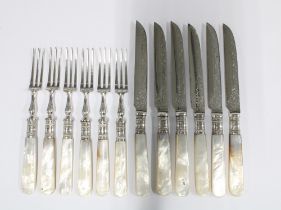 Set of six mother of pearl handled & silver plated fruit knives and forks (12)