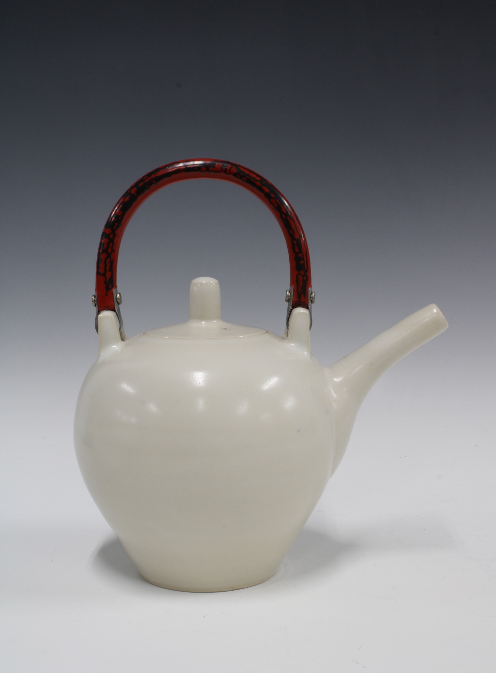 Suleyman Saba, (Australian b.1969) pale celadon glaze teapot with red lacquered handle, overall