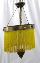 Brass rise and fall light fittings with fringed shade, 48cm diameter