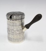 Victorian silver shaving pot, London 1880, likely Dutch Import, hinged lid with figures and he