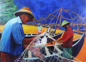 GAY GROSSART (SCOTTISH) CHINESE FISHING NETS, oil on card, signed and framed under glass, 110 x 110