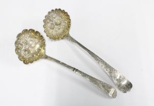 Two Georgian silver berry pattern sifter spoons, makers mark for John Lampfert (2)