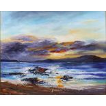 DRONMA (SCOTTISH b. 1947), SUNSET FROM KINTRA, ISLAY, oil on canvas, signed, framed under glass,