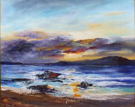 DRONMA (SCOTTISH b. 1947), SUNSET FROM KINTRA, ISLAY, oil on canvas, signed, framed under glass,