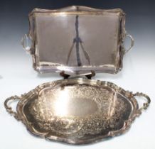 Elkington & Co large silver plated tray with foliate pattern, 74cm long together with another of