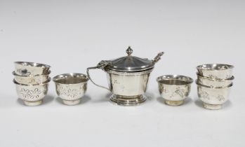 Birmingham silver mustard pot with a blue glass liner and continental silver salt spoon together