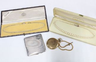 George V silver cigarette case, Birmingham 1933, two strands of vintage faux pearls and a Waltham