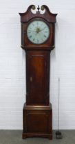 An oak grandfather clock with walnut veneers , broken swan neck pediment over a painted dial with