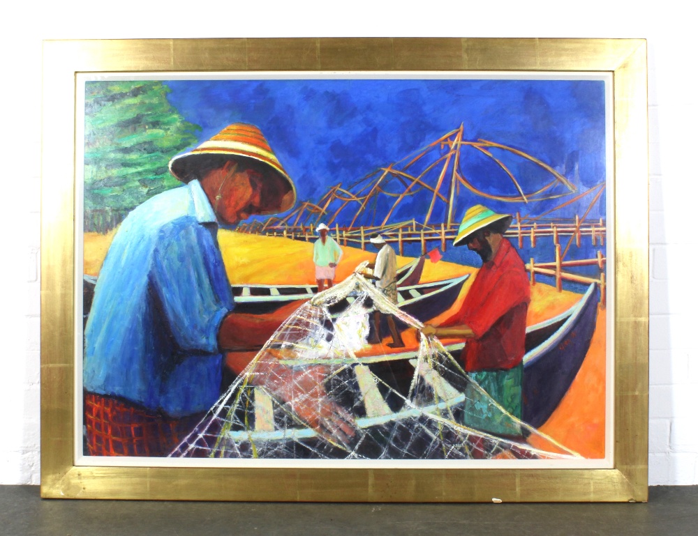 GAY GROSSART (SCOTTISH) CHINESE FISHING NETS, oil on card, signed and framed under glass, 110 x 110 - Image 2 of 4