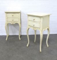 Pair of white bedside cabinets on slender cabriole legs, 39 x 73 x 34cm. (2)
