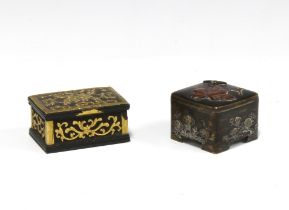 Small Japanese bronze box with a gilt interior, hinged lid with insects and leaf pattern, 3 x 3cm,