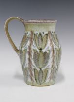 Glyn Colledge for Denby, stoneware jug with green an white glazed pattern, signed on base, 20 x