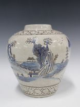 Japanese craquelure vase with pagoda village scene, 25 x 22cm.