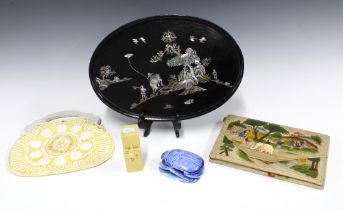 Mixed lot to include a faux ivory box and cover, pottery scarab beetle, chinoiserie evening bag