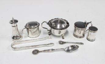 Five silver condiments with various hallmarks together with silver sugar tongs and teaspoon, (7)