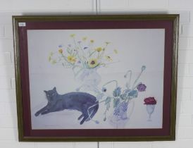 ELIZABETH BLACKADDER DBE RA RSA RSW RGI DLitt (SCOTTISH 1931 - 2021) coloured print of a cat, framed