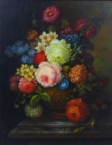 MODERN BRITISH SCHOOL, still life vase of flowers, oil on board, signed indistinctly, in a gilt