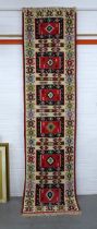 Vintage flatweave Kelim style runner, ivory field with six rectangular panels containing diamond