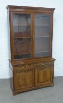 19th century Maple & Co mahogany bookcase cabinet, cornice top with pair of glazed doors enclosing
