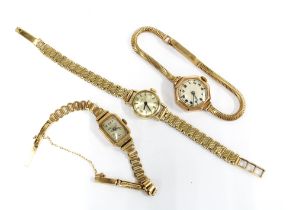 Two vintage 9ct gold bracelet wristwatches, both stamped 9ct and a gold plated wristwatch (3)