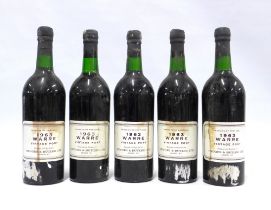 Five bottles of 1963 Warre vintage port, shipped and bottled by Hedges & Butler LTD (5)