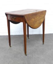 Edwardian mahogany and inlaid Pembroke table on tapering legs with brass castors, 108 x 75 x 74cm.