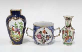 Worcester style vase, porcelain chocolate cup, 7cm, together with a small famille rose bud vase with