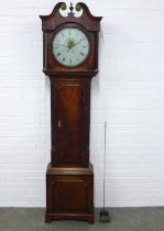 An oak grandfather clock with walnut veneers , broken swan neck pediment over a painted dial with