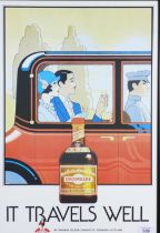 Original 1980's Drambuie poster, 'It travels well', framed under glass, 48 x 58cm overall.