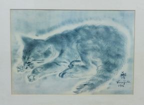 Léonard Tsuguharu Foujita (1886-1968) coloured print of a cat, framed under glass, 27 x 18cm