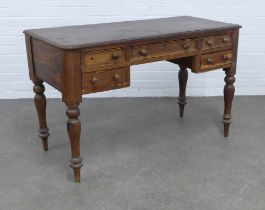 Victorian mahogany desk with a central frieze drawer flanked by two short drawers, raised on