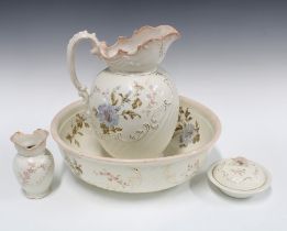 Staffordshire pottery toilet set comprising basin, ewer 32cm, small vase and dish with cover (4)