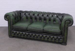 Vintage green buttonback upholstered three seater chesterfield sofa, 200 x 70 x 60cm.