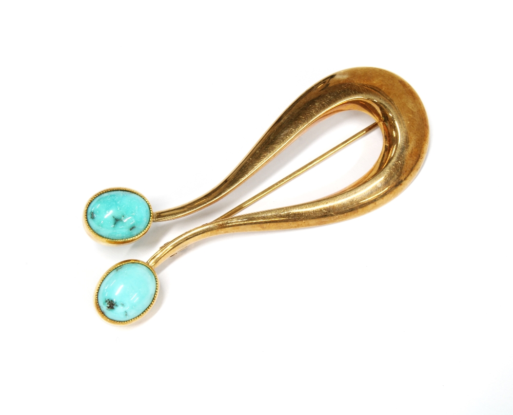 Hans Hansen turquoise and 14ct gold brooch, signed and stamped 585 Denmark with import hallmarks for