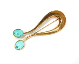 Hans Hansen turquoise and 14ct gold brooch, signed and stamped 585 Denmark with import hallmarks for