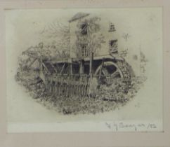Small engraving of a water mill, signed indistinctly and framed under glass, 12 x 10cm