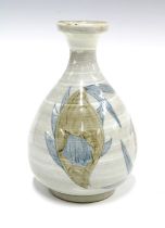 Japanese studio pottery vase, bottle neck form and painted with carp , impressed marks, 21cm.