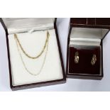 Tw0 9ct gold chain necklaces and a pair of 9ct gold hoop earrings (3)
