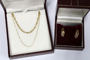 Tw0 9ct gold chain necklaces and a pair of 9ct gold hoop earrings (3)