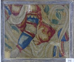 Antique tapestry fragment, framed and attributed verso as 16th century, 30 x 25cm