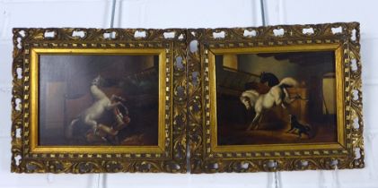 A pair of overpainted horse prints, contained with pierced gilt frames, size overall 24 x 20cm (2)