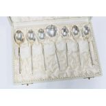 A set of seven silver teaspoons, by W & S Sorensen of Denmark, in original box, (7)