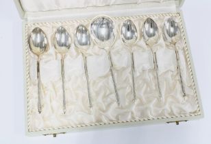 A set of seven silver teaspoons, by W & S Sorensen of Denmark, in original box, (7)