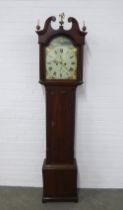 Dawson of Haddington mahogany grandfather clock, with a swan neck pediment and brass finials over